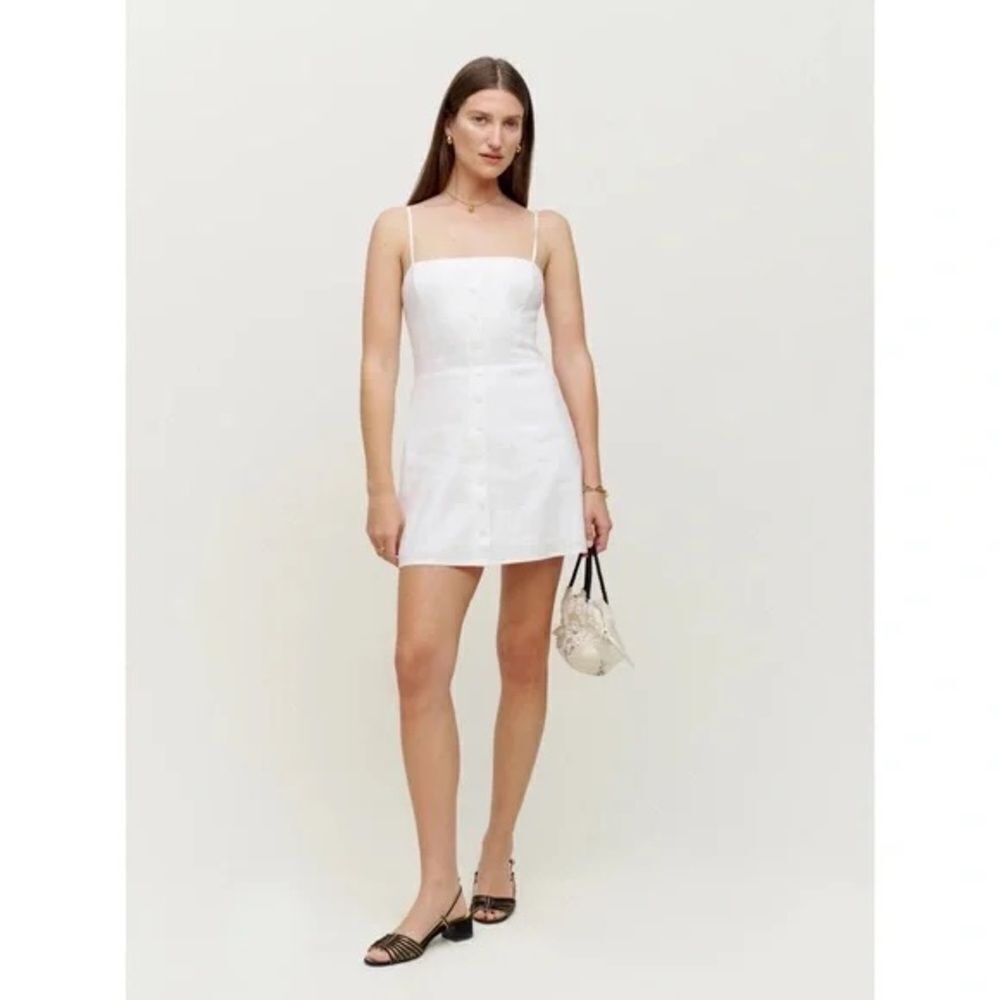 REFORMATION Huckleberry Linen Button Front Mini Dress in White - Picture 3 of 14